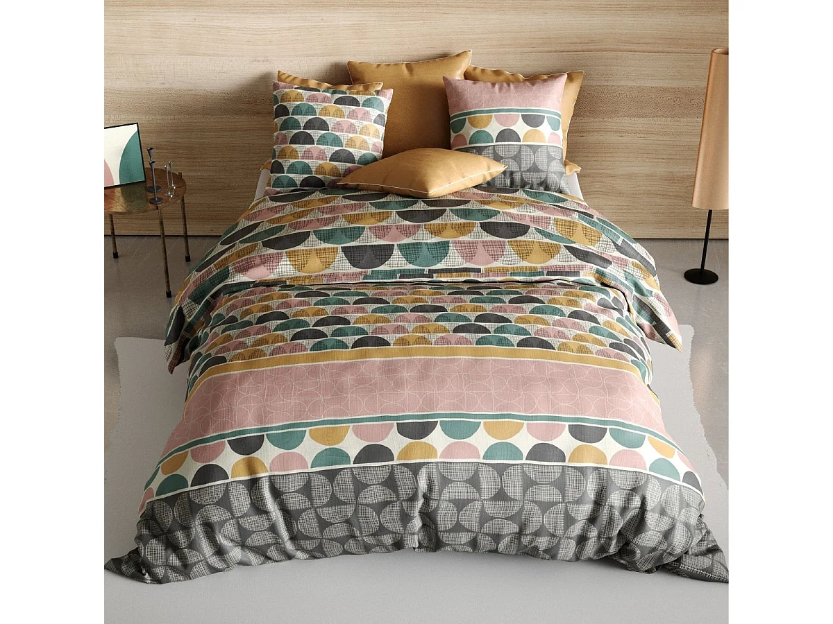 Parure housse de couette 260x240cm + 2 taies motifs multicolores 100% coton - ANTHEOS