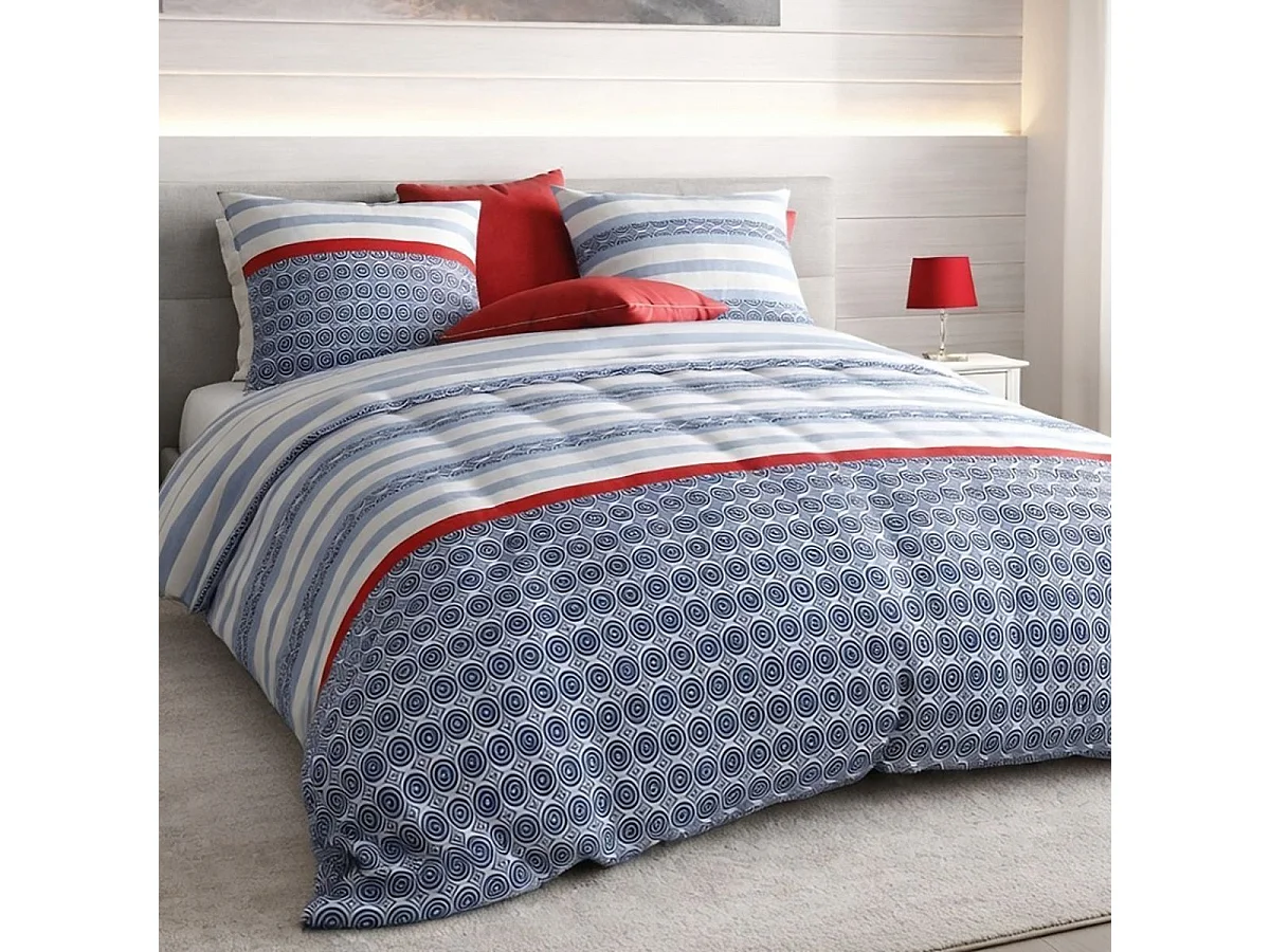 Parure housse de couette 260x240cm + 2 taies motif bleu blanc et rouge 100% coton - TAORINI