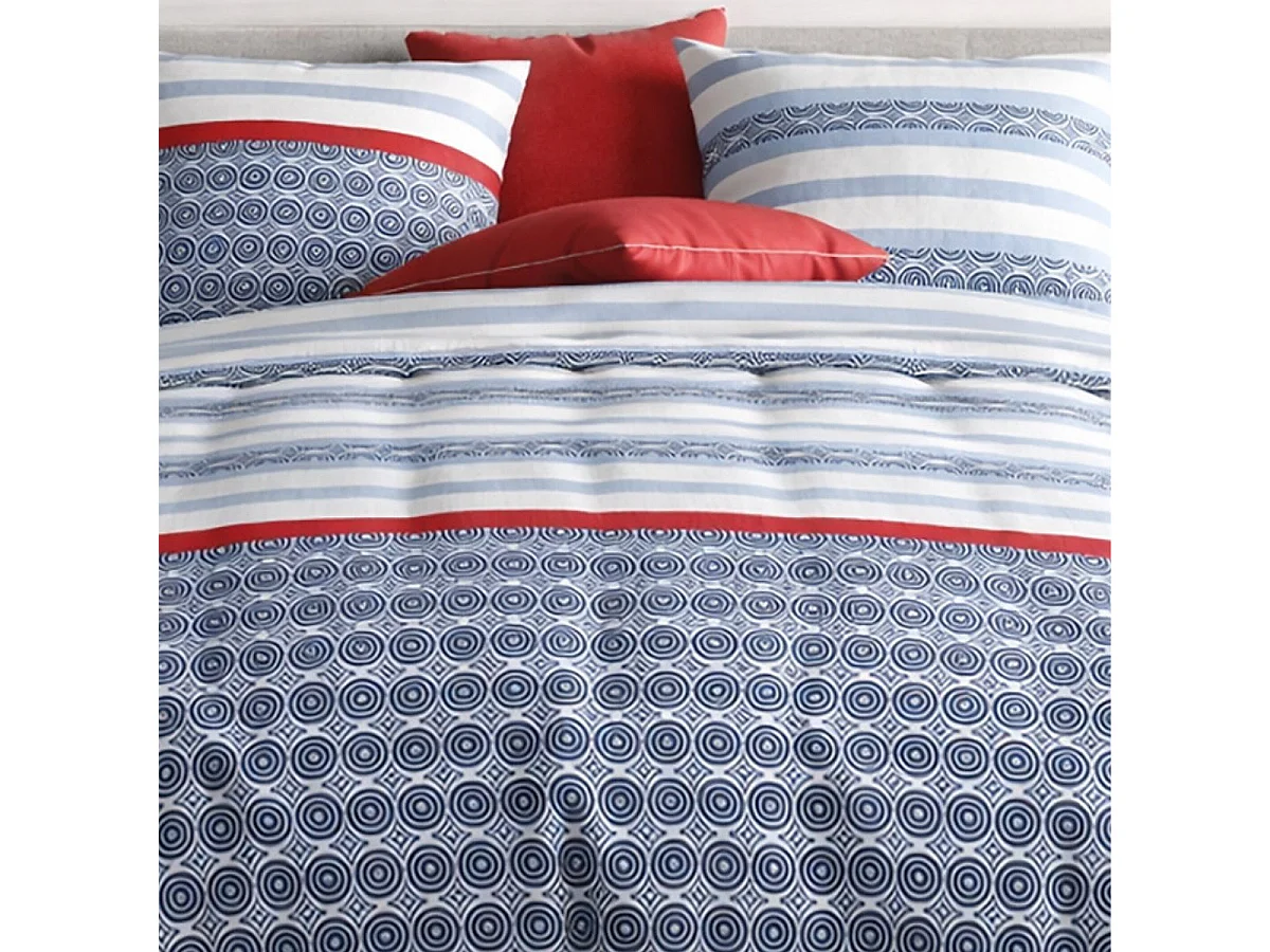Parure housse de couette 260x240cm + 2 taies motif bleu blanc et rouge 100% coton - TAORINI