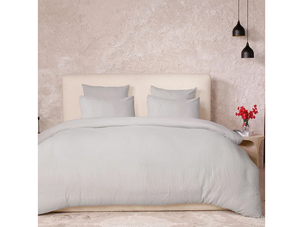 Parure housse de couette 240x220cm + 2 taies 100% gaze de coton lavée gris glacier - VALMA