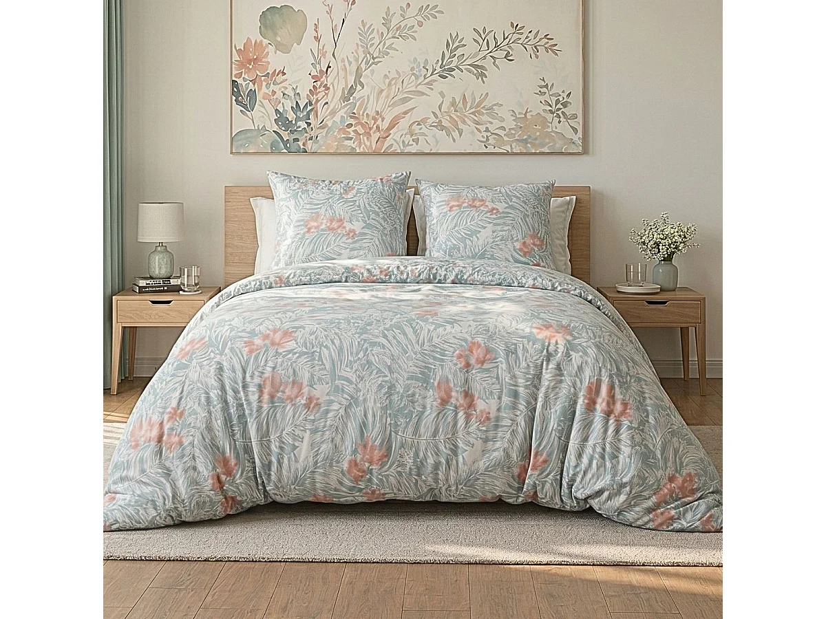 Parure housse de couette 260x240cm + 2 taies motif floral turquoise et rose 100% microfibre - BLANDINE