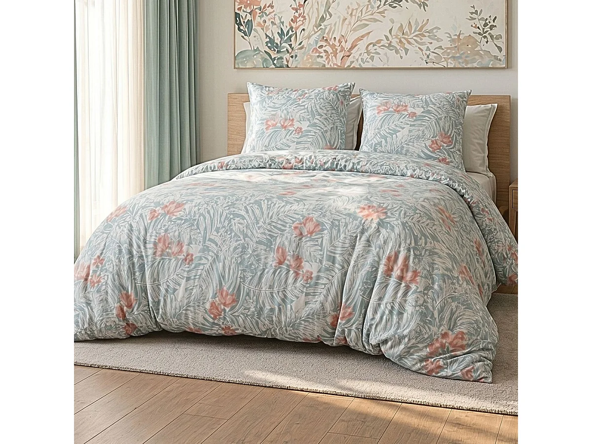 Parure housse de couette 260x240cm + 2 taies motif floral turquoise et rose 100% microfibre - BLANDINE
