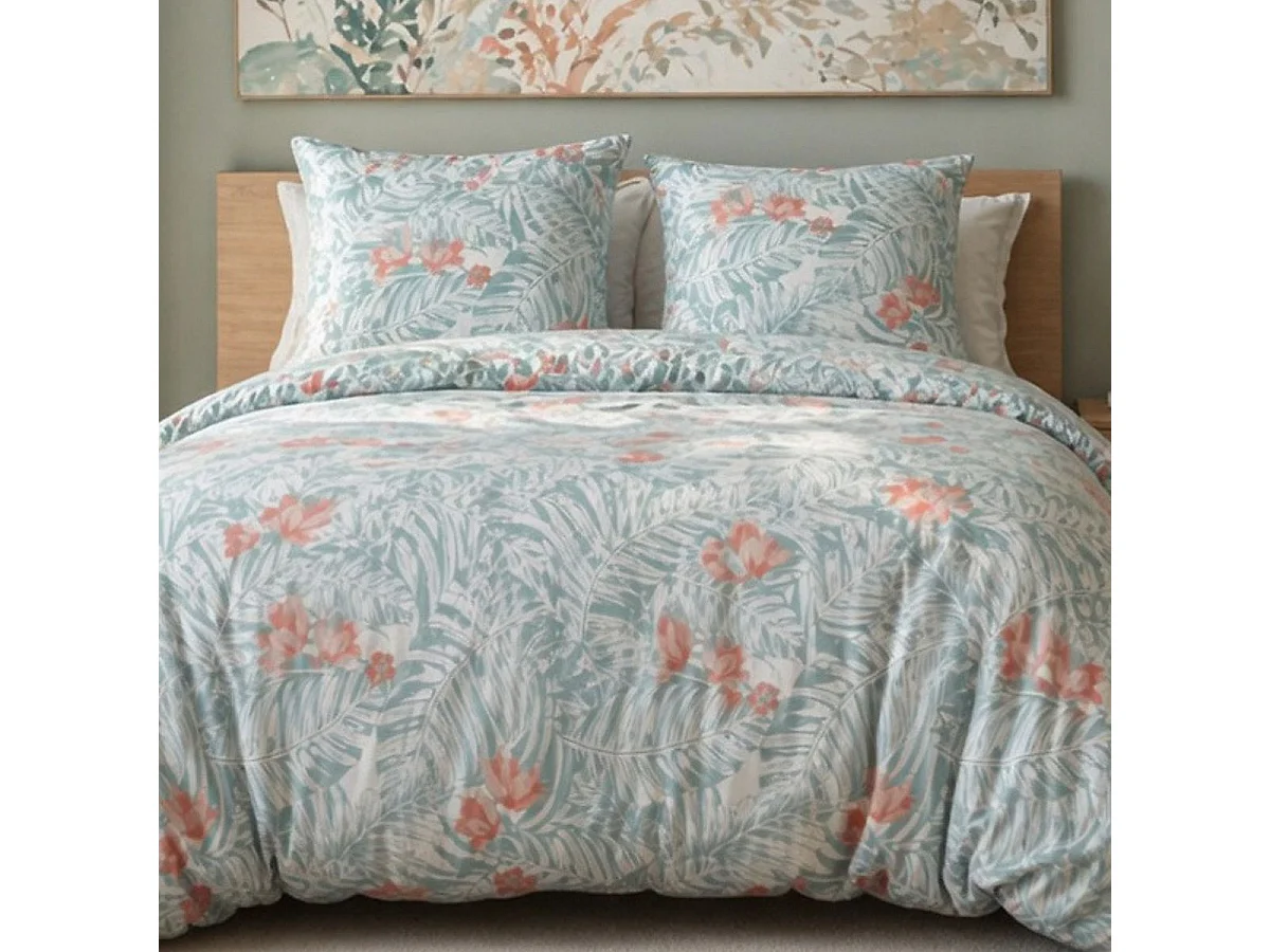Parure housse de couette 260x240cm + 2 taies motif floral turquoise et rose 100% microfibre - BLANDINE