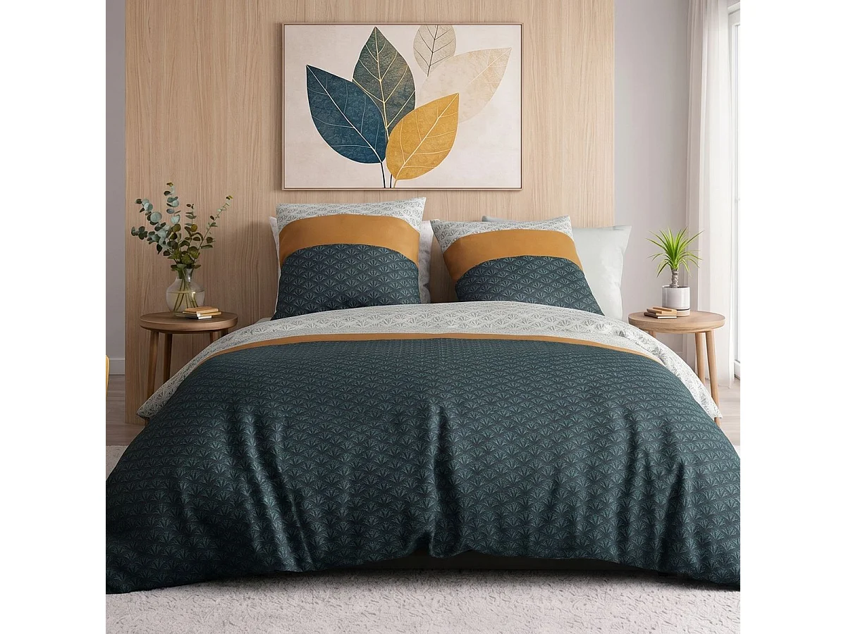 Parure housse de couette 260x240cm + 2 taies motif rétro bleu pétrole et jaune 100% coton - TOBIAS