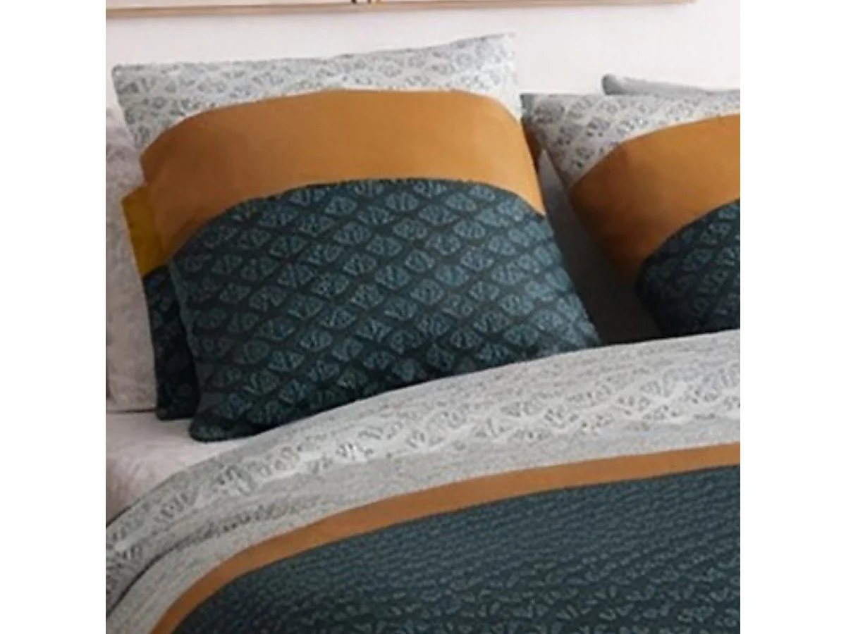 Parure housse de couette 260x240cm + 2 taies motif rétro bleu pétrole et jaune 100% coton - TOBIAS