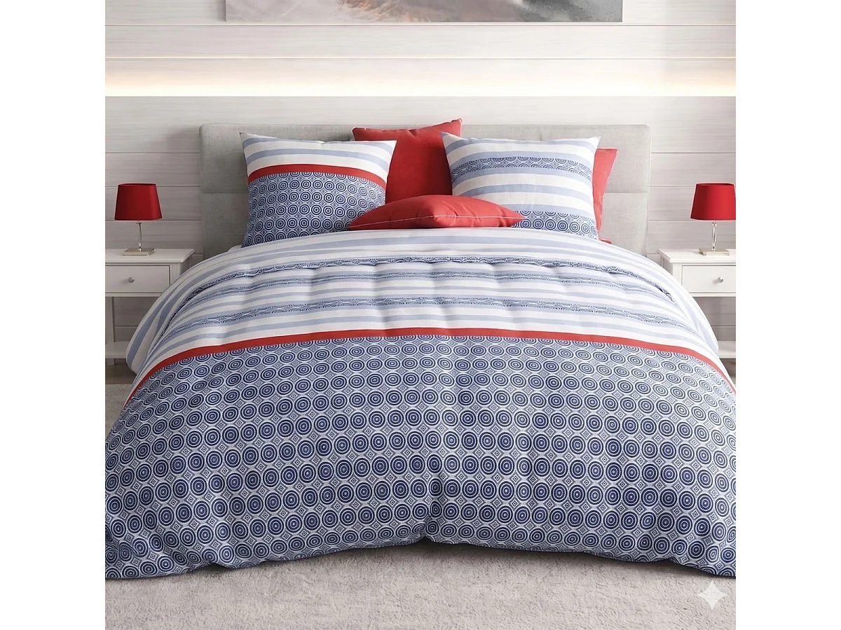 Parure housse de couette 240x220cm + 2 taies motif bleu blanc et rouge 100% coton - TAORINI