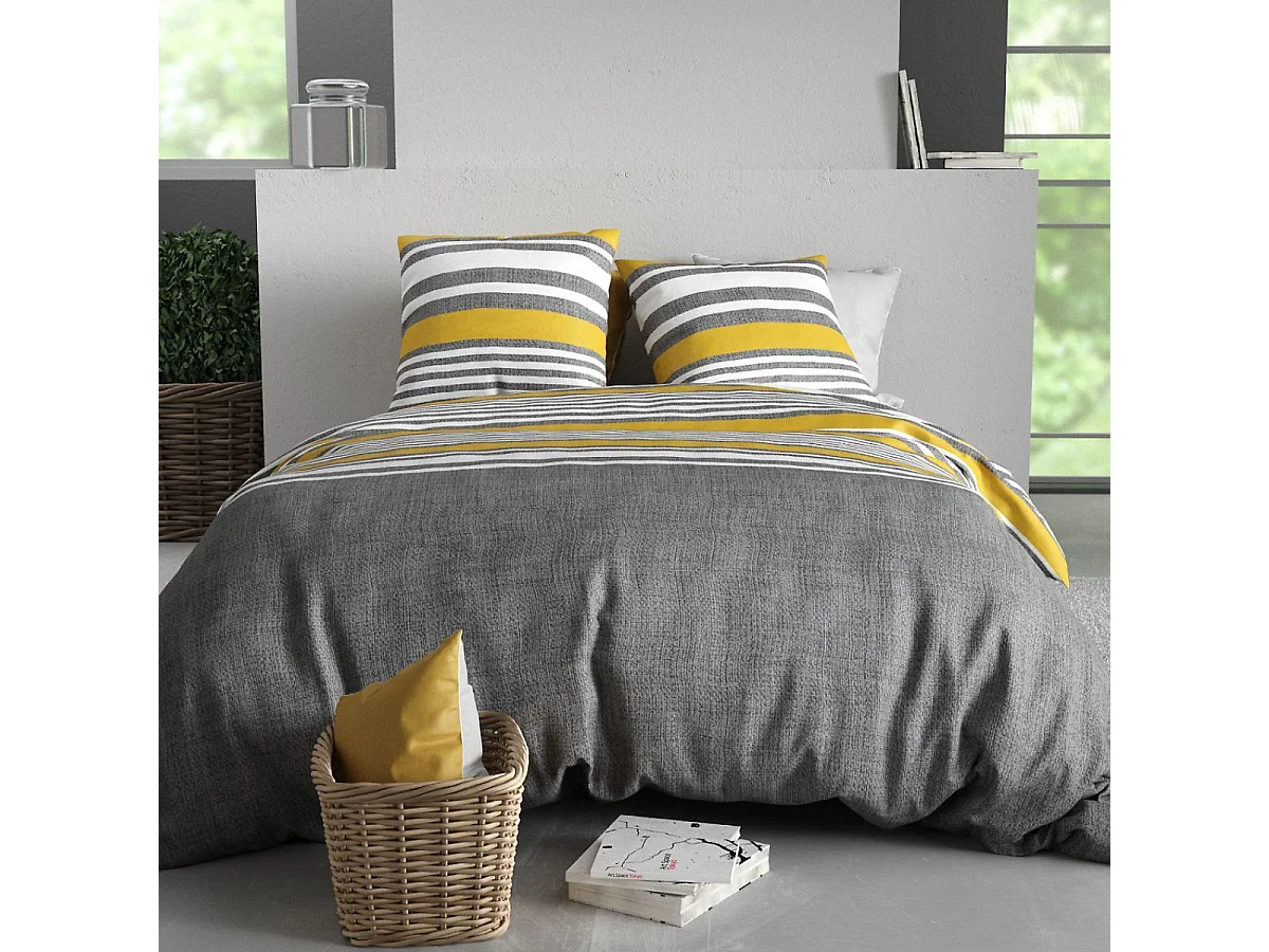 Parure housse de couette 260x240cm + 2 taies motif rayé gris et jaune 100% coton - STORY