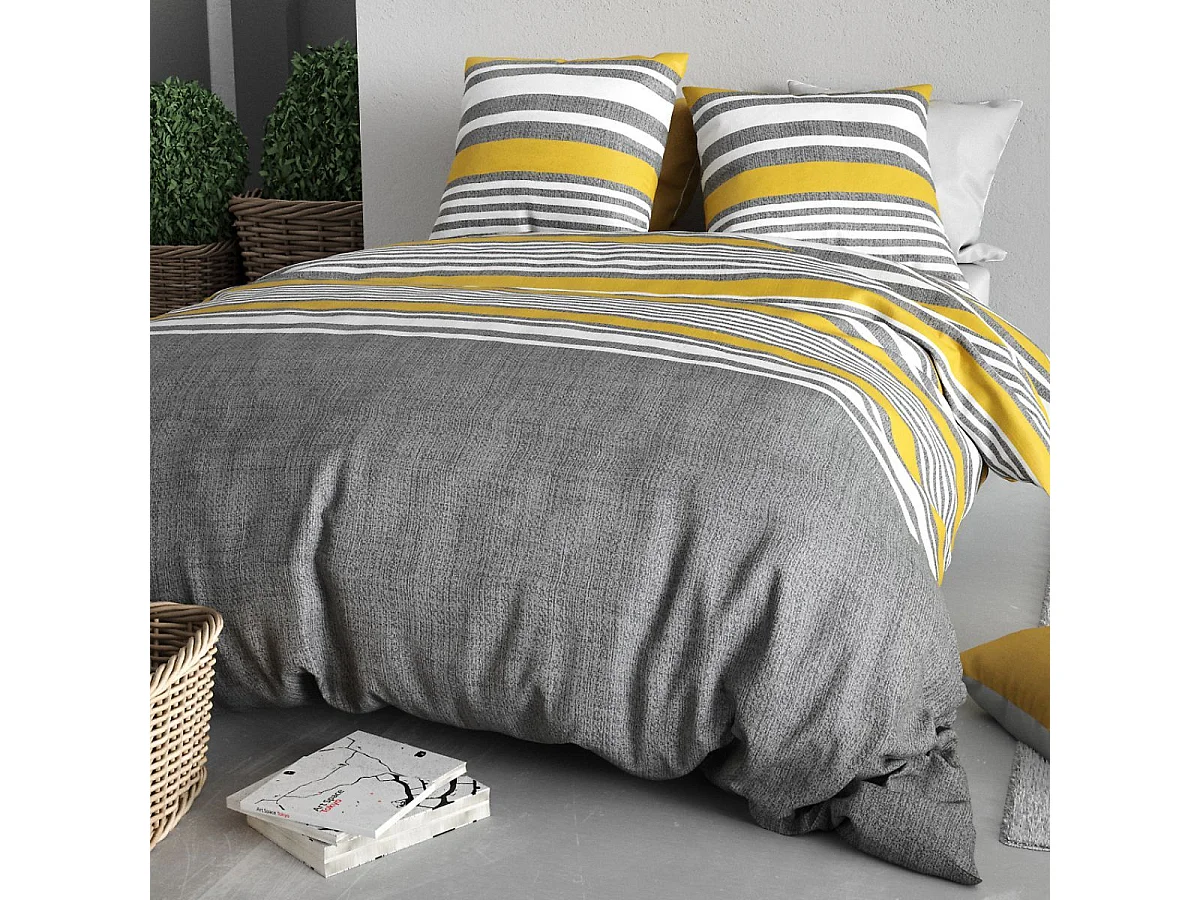 Parure housse de couette 260x240cm + 2 taies motif rayé gris et jaune 100% coton - STORY
