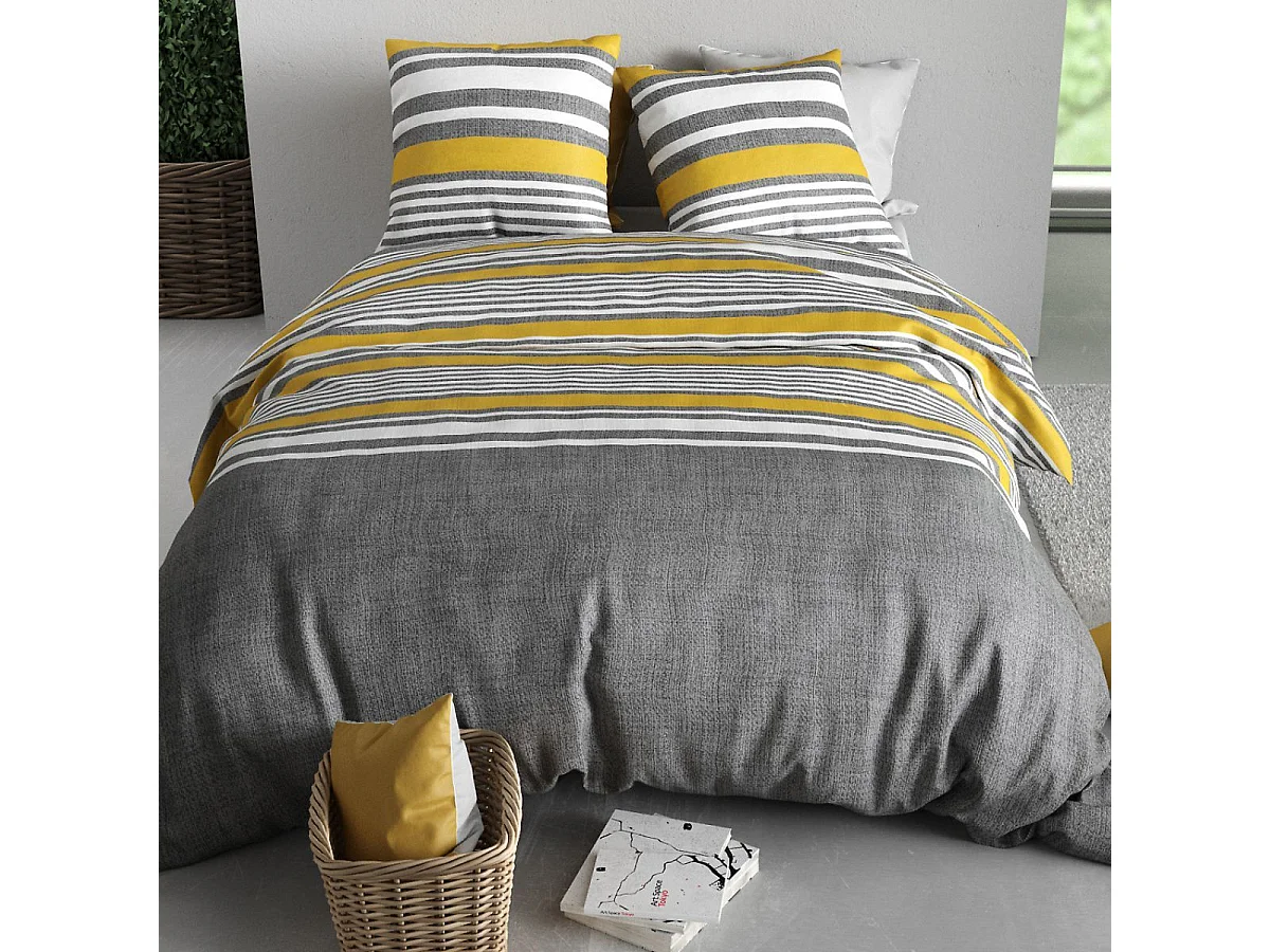 Parure housse de couette 260x240cm + 2 taies motif rayé gris et jaune 100% coton - STORY