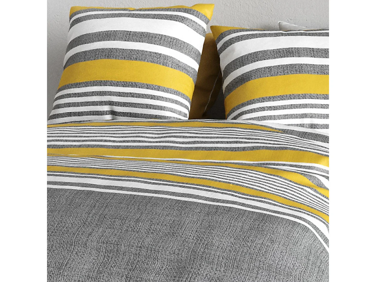 Parure housse de couette 260x240cm + 2 taies motif rayé gris et jaune 100% coton - STORY