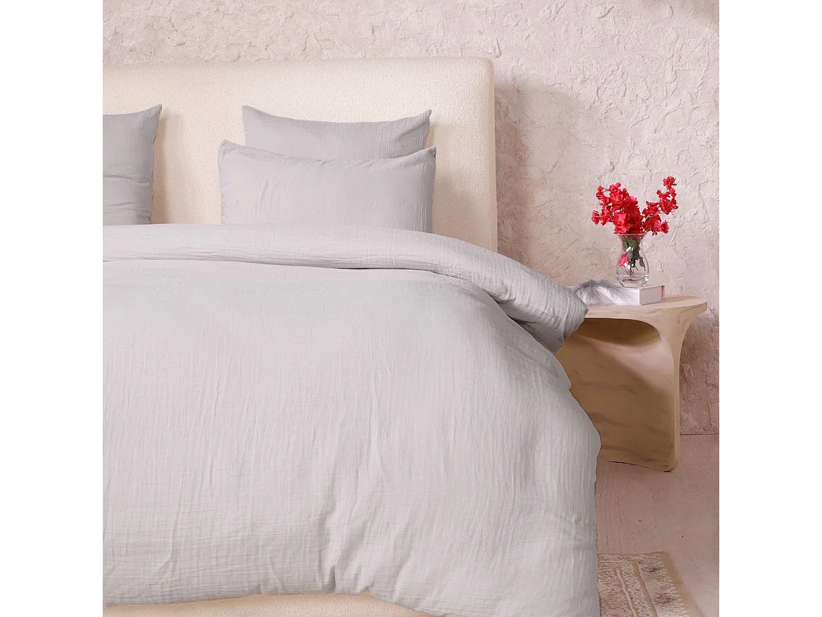 Parure housse de couette 260x240cm + 2 taies 100% gaze de coton lavée gris glacier - VALMA