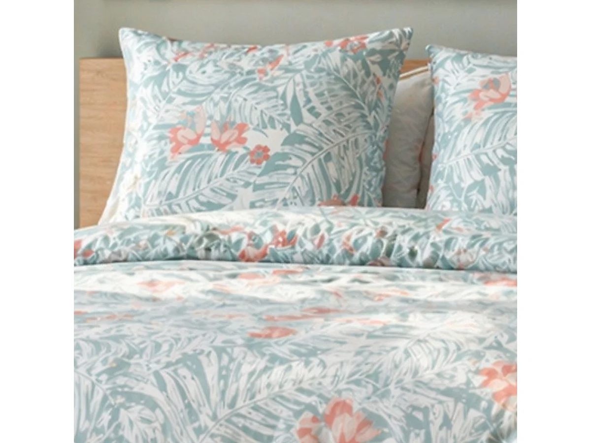 Parure housse de couette 240x220cm + 2 taies motif floral turquoise et rose 100% microfibre - BLANDINE