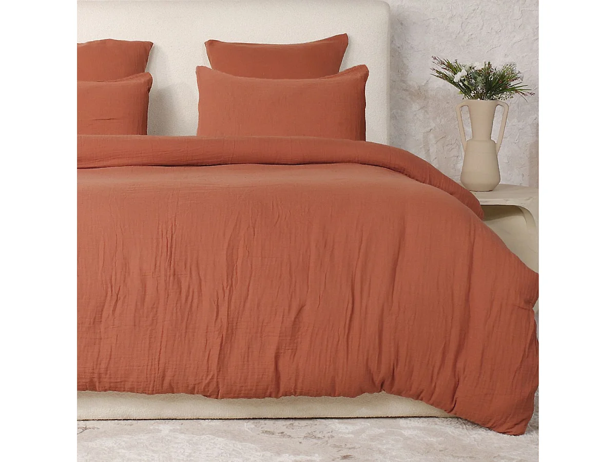 Parure housse de couette 260x240cm + 2 taies 100% gaze de coton lavée safran - VALMA