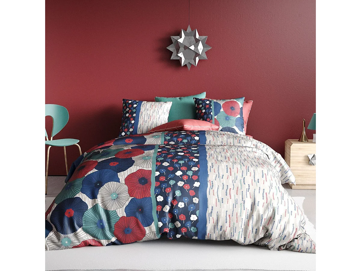 Parure housse de couette 260x240cm + 2 taie motif floral et graphique 100% coton - GEDALI