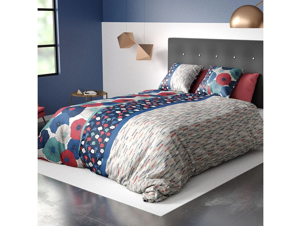 Parure housse de couette 260x240cm + 2 taie motif floral et graphique 100% coton - GEDALI