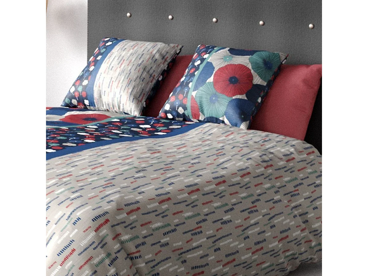 Parure housse de couette 260x240cm + 2 taie motif floral et graphique 100% coton - GEDALI