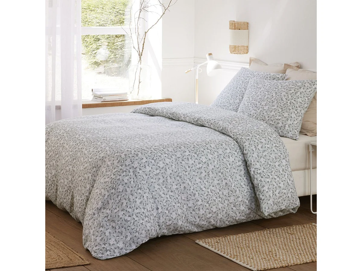 Parure housse de couette 260x240cm + 2 taies motif liberty céladon 100% gaze de coton - ELMA