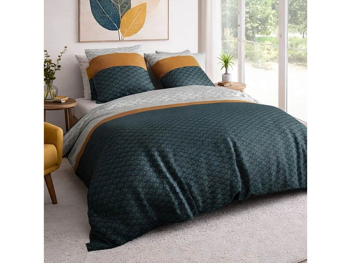 Parure housse de couette 240x220cm + 2 taies motif rétro bleu pétrole et jaune 100% coton - TOBIAS