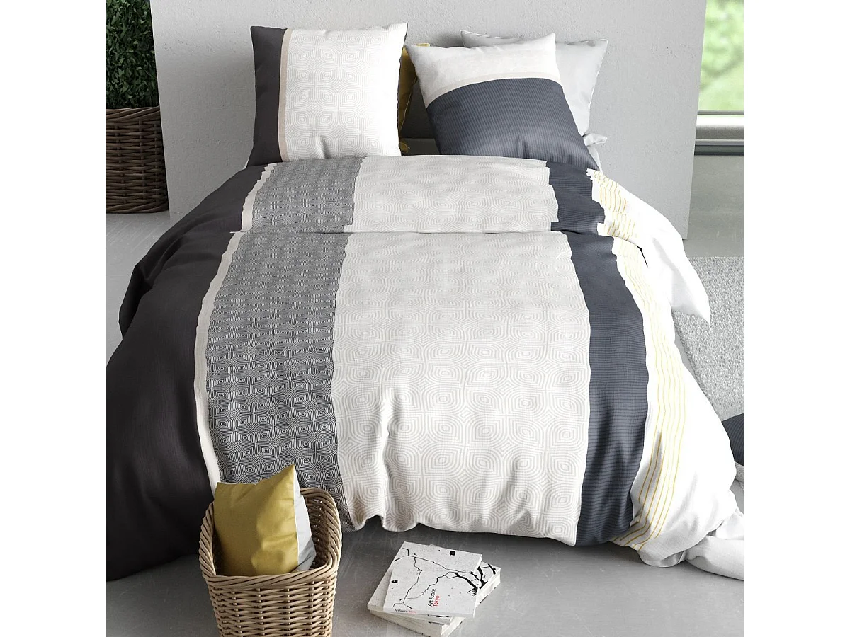Parure housse de couette 260x240cm + 2 taies motif graphique blanc et gris 100% coton - SABINE