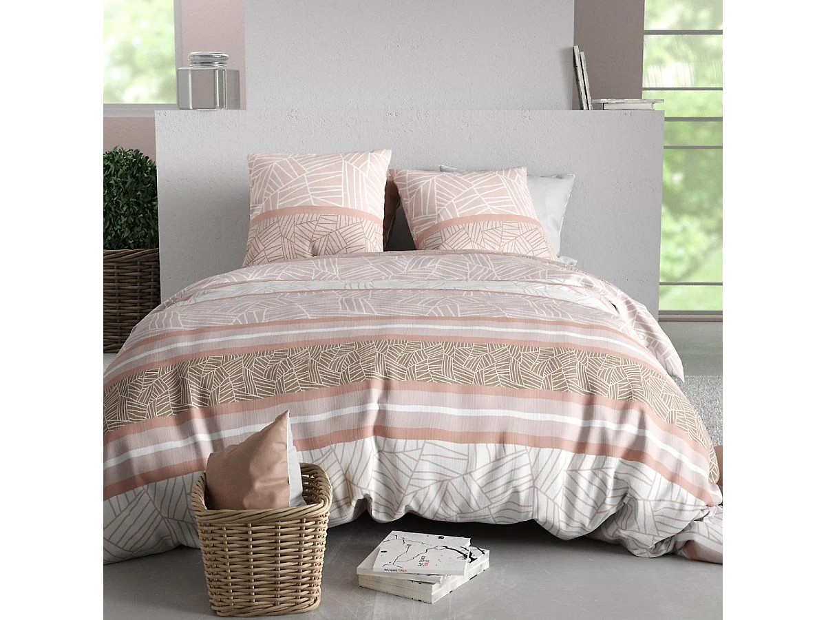 Parure housse de couette 260x240cm + 2 taies motif graphique rose 100% coton - TRISHIA