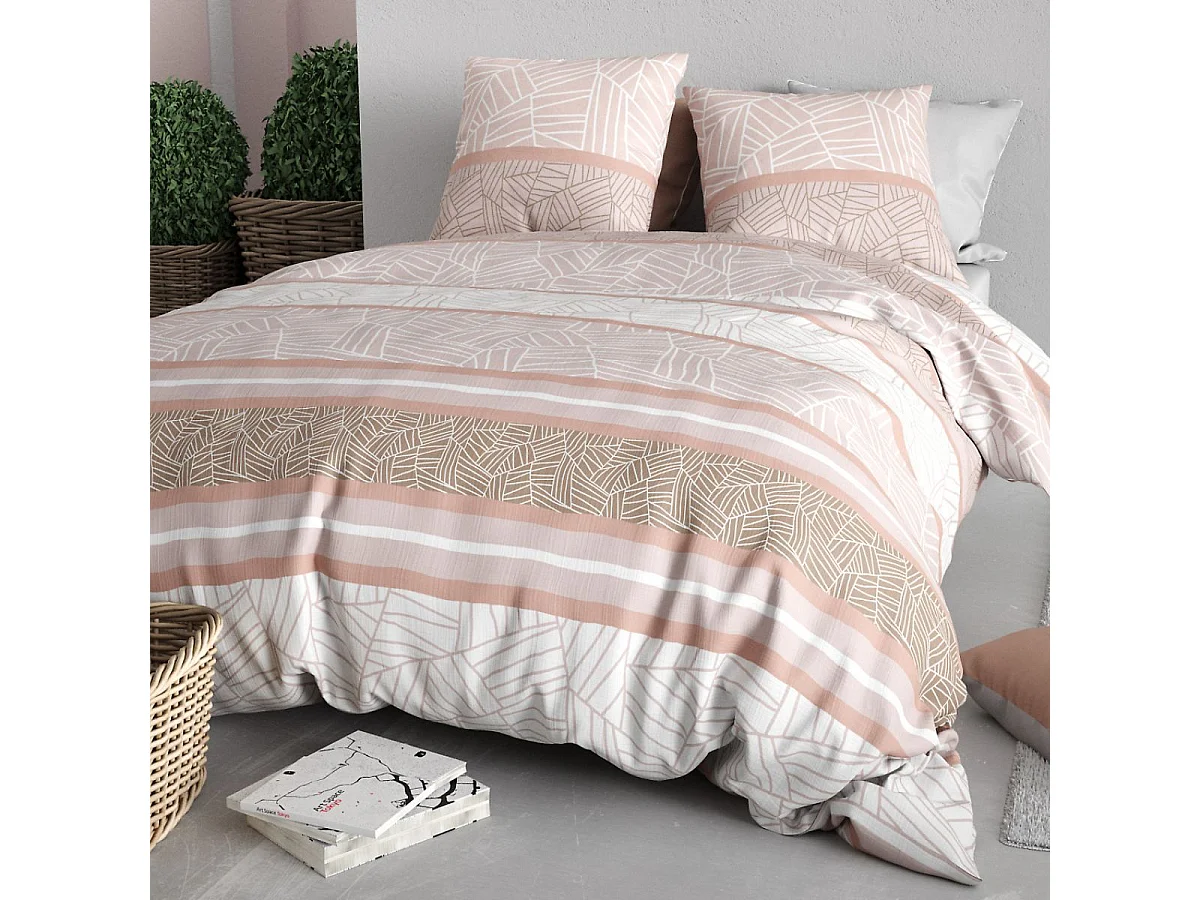 Parure housse de couette 260x240cm + 2 taies motif graphique rose 100% coton - TRISHIA
