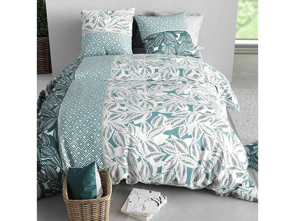 Parure housse de couette 260x240cm + 2 taies motif feuillage vert et blanc 100% coton - OLIZE
