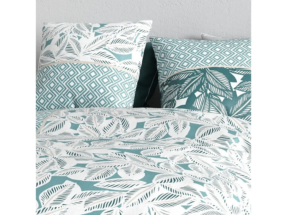 Parure housse de couette 260x240cm + 2 taies motif feuillage vert et blanc 100% coton - OLIZE