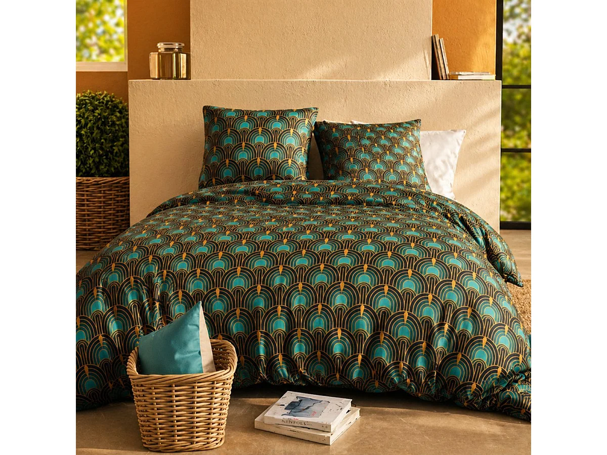 Parure housse de couette 260x240cm + 2 taies motif art-déco bleu pétrole 100% coton - ROMAIN