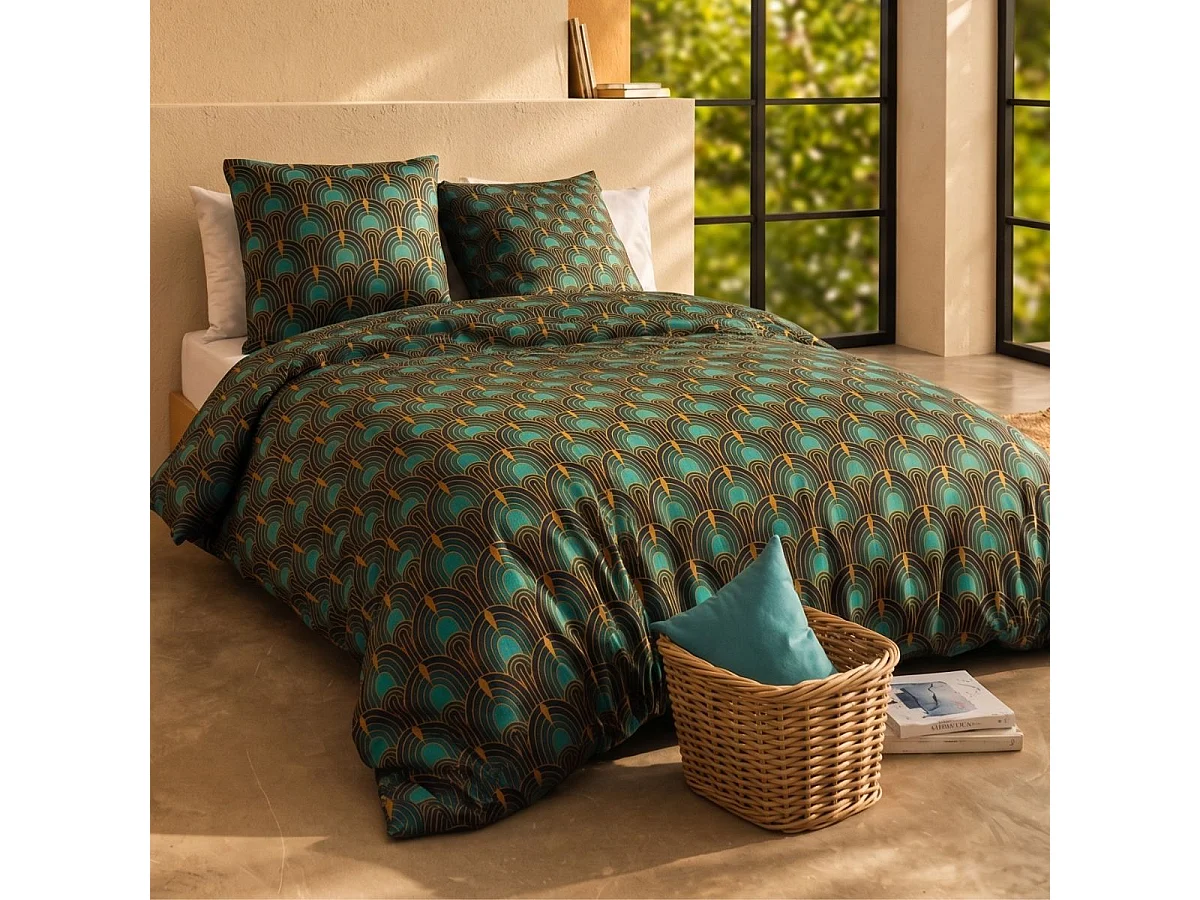 Parure housse de couette 260x240cm + 2 taies motif art-déco bleu pétrole 100% coton - ROMAIN