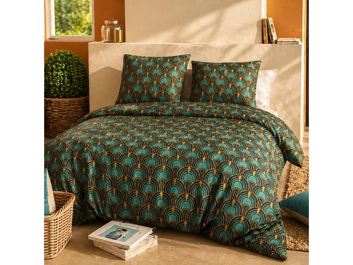 Parure housse de couette 260x240cm + 2 taies motif art-déco bleu pétrole 100% coton - ROMAIN