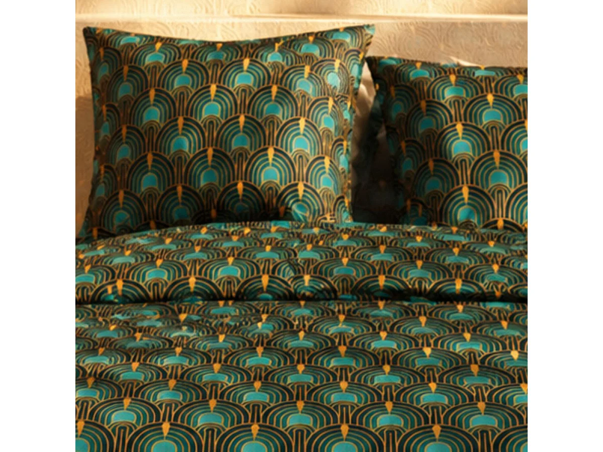 Parure housse de couette 260x240cm + 2 taies motif art-déco bleu pétrole 100% coton - ROMAIN