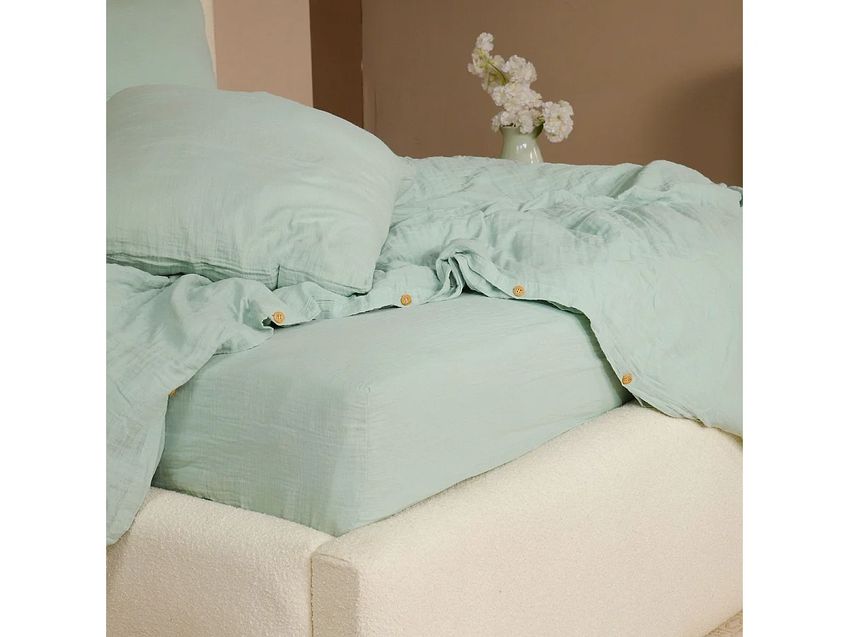 Parure housse de couette 260x240cm + 2 taies 100% gaze de coton lavée vert givré - VALMA