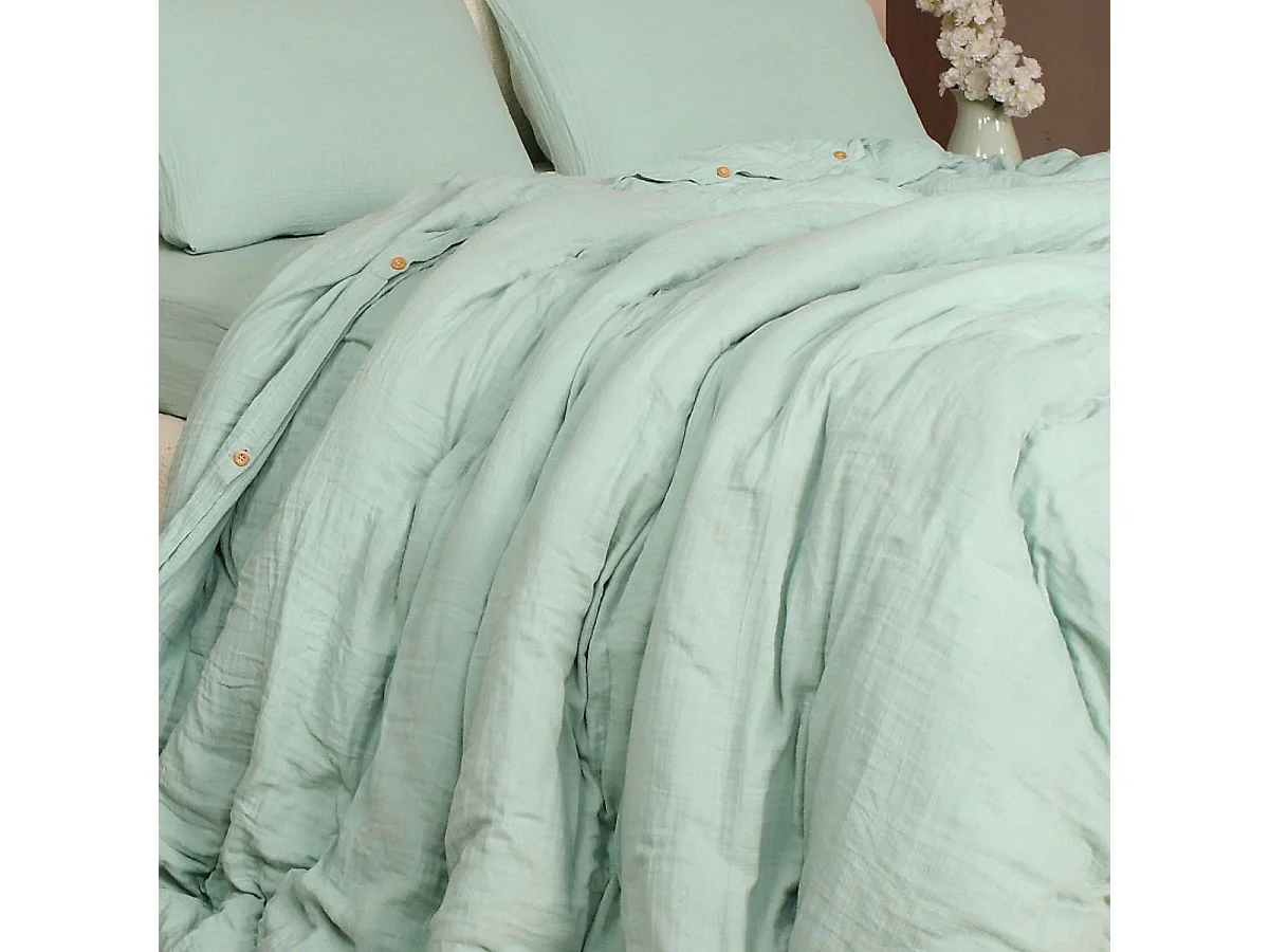 Parure housse de couette 260x240cm + 2 taies 100% gaze de coton lavée vert givré - VALMA