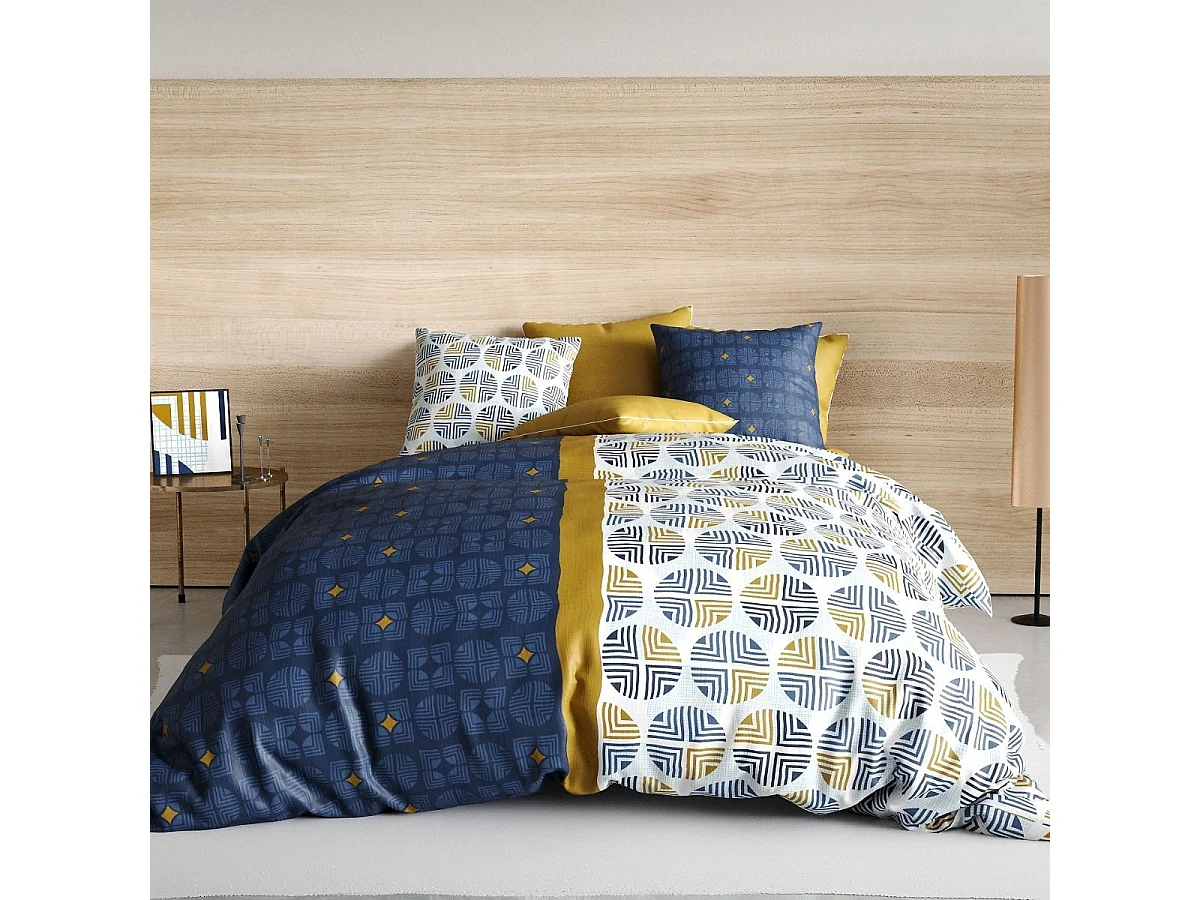 Parure housse de couette 240x220cm + 2 taies motif graphique bleu et ocre 100% coton - RUFUS