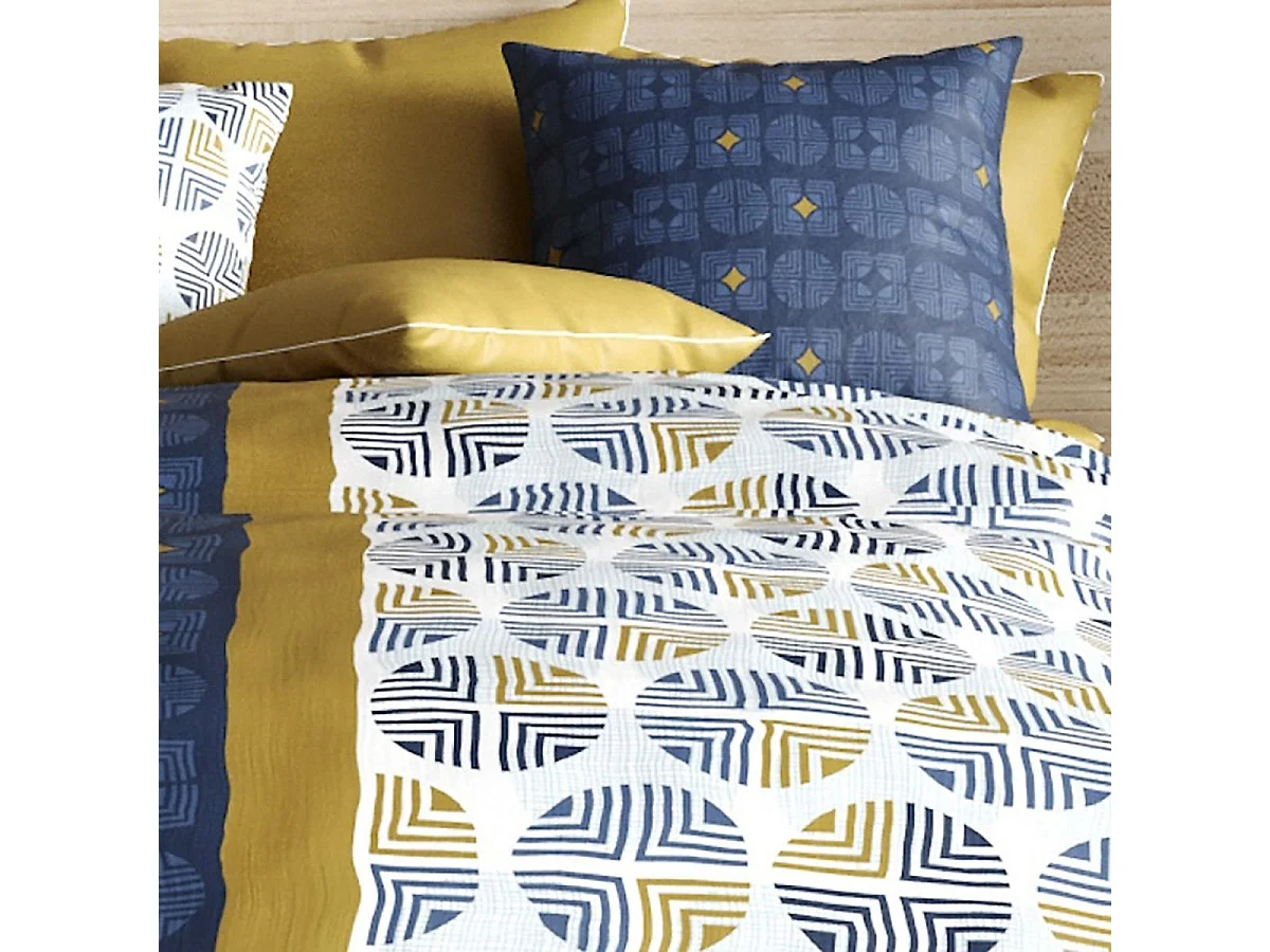 Parure housse de couette 240x220cm + 2 taies motif graphique bleu et ocre 100% coton - RUFUS