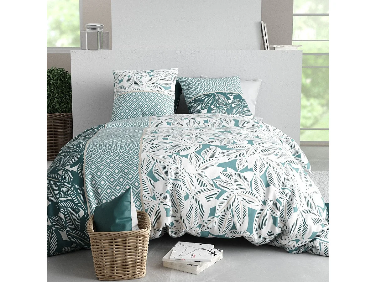 Parure housse de couette 240x220cm + 2 taies motif feuillage vert et blanc 100% coton - OLIZE