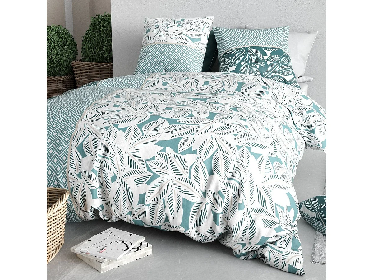 Parure housse de couette 240x220cm + 2 taies motif feuillage vert et blanc 100% coton - OLIZE