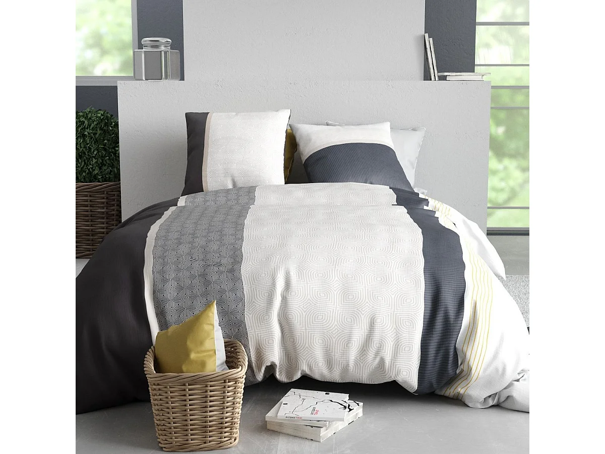 Parure housse de couette 240x220cm + 2 taies motif graphique blanc et gris 100% coton - SABINE