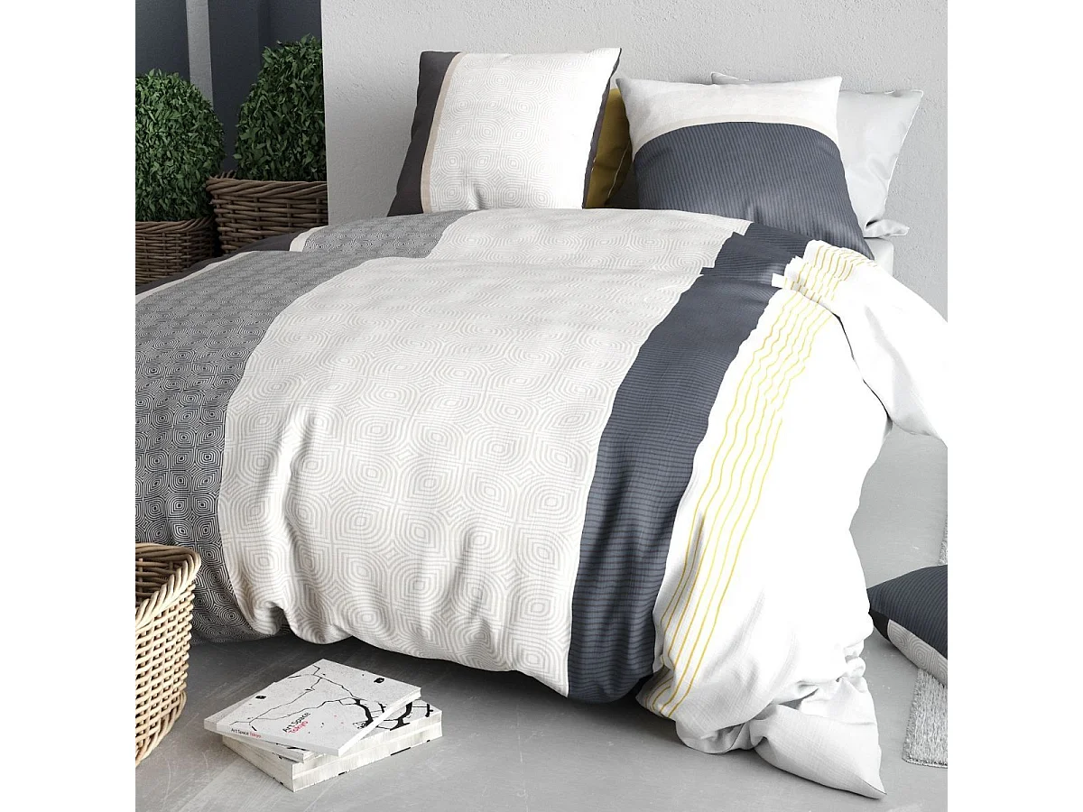 Parure housse de couette 240x220cm + 2 taies motif graphique blanc et gris 100% coton - SABINE