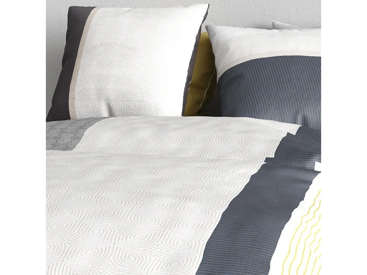 Parure housse de couette 240x220cm + 2 taies motif graphique blanc et gris 100% coton - SABINE