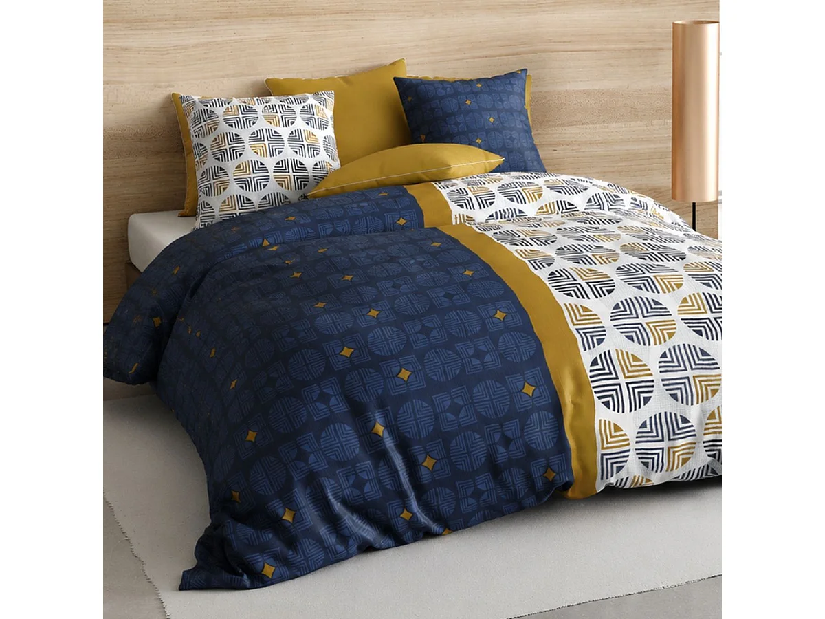 Parure housse de couette 260x240cm + 2 taies motif graphique bleu et ocre 100% coton - RUFUS