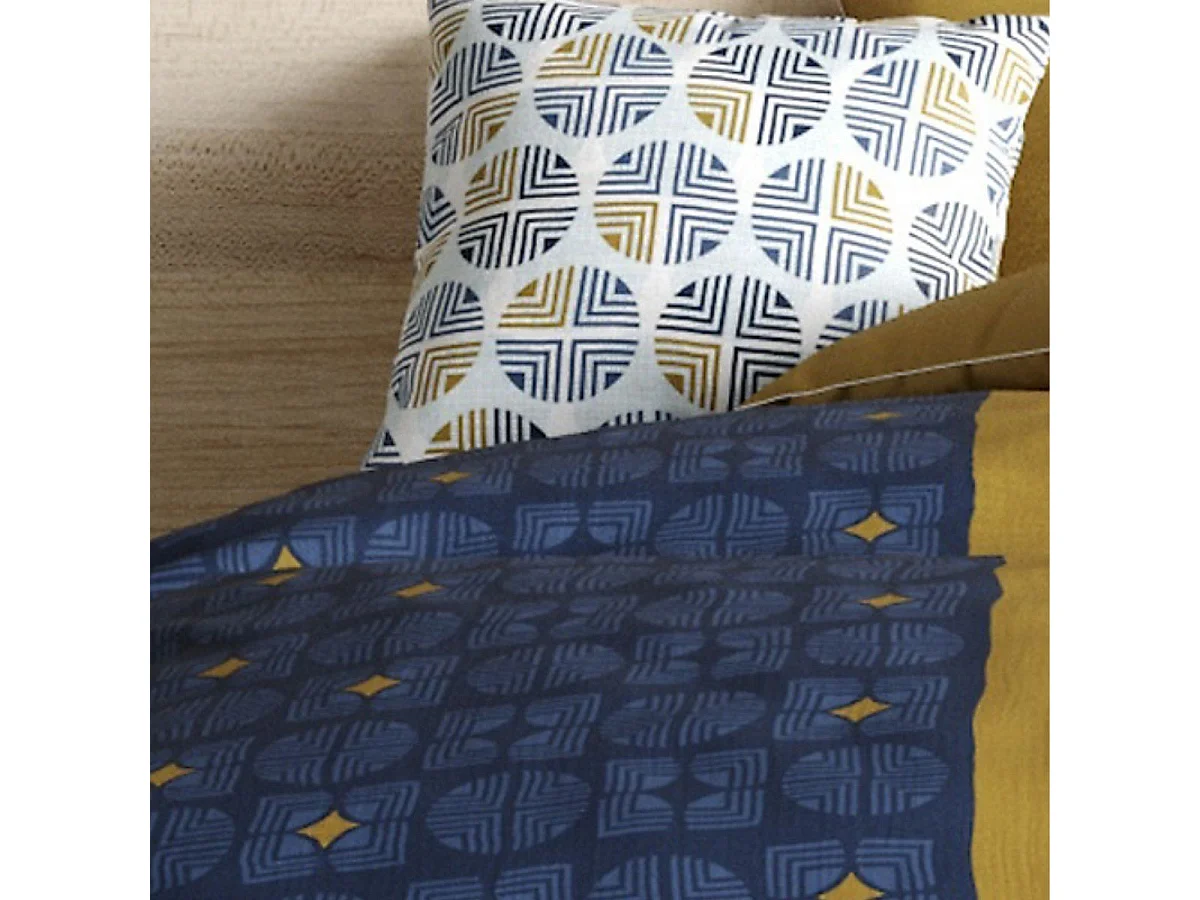 Parure housse de couette 260x240cm + 2 taies motif graphique bleu et ocre 100% coton - RUFUS