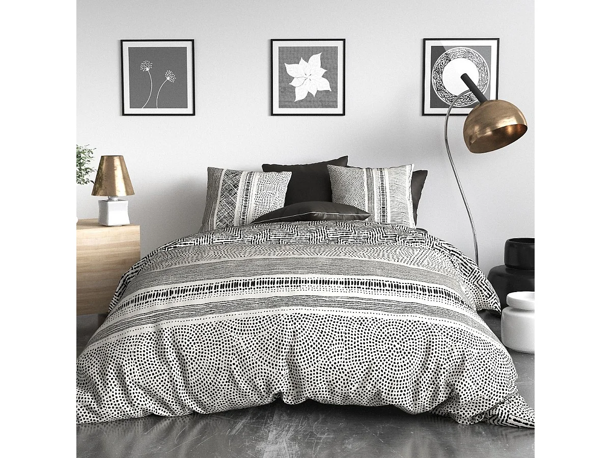 Parure housse de couette 240x220cm + 2 taies motif graphique noir et blanc 100% coton - TRICIA