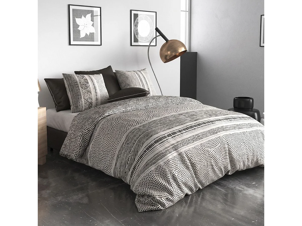 Parure housse de couette 240x220cm + 2 taies motif graphique noir et blanc 100% coton - TRICIA