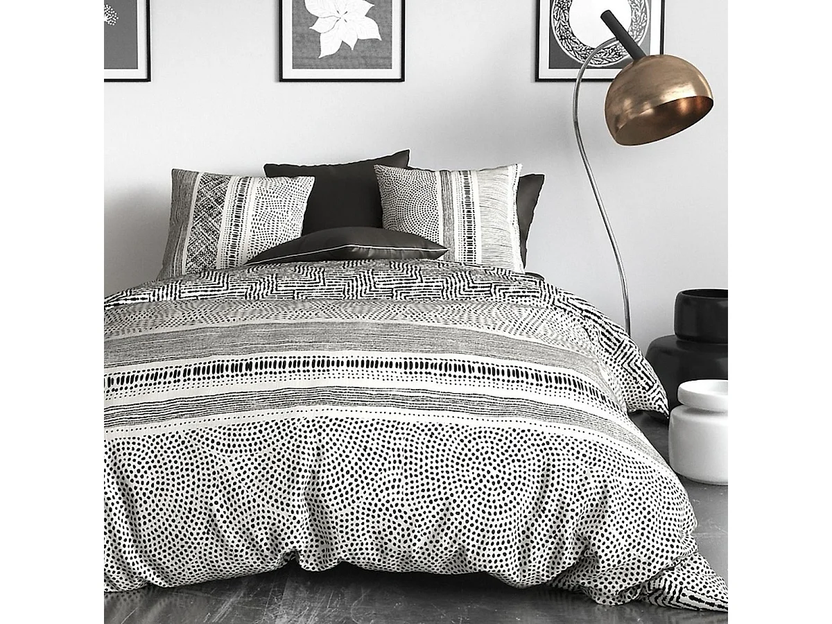 Parure housse de couette 240x220cm + 2 taies motif graphique noir et blanc 100% coton - TRICIA