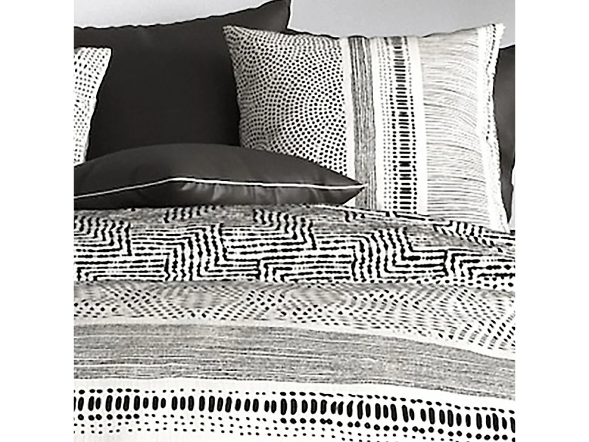 Parure housse de couette 240x220cm + 2 taies motif graphique noir et blanc 100% coton - TRICIA