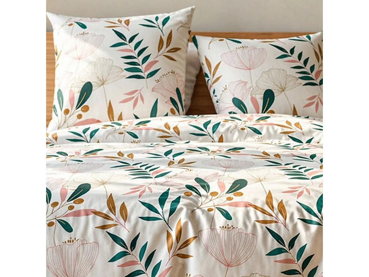 Parure housse de couette 260x240cm + 2 taies écru motif botanique 100% microfibre - LICELIA