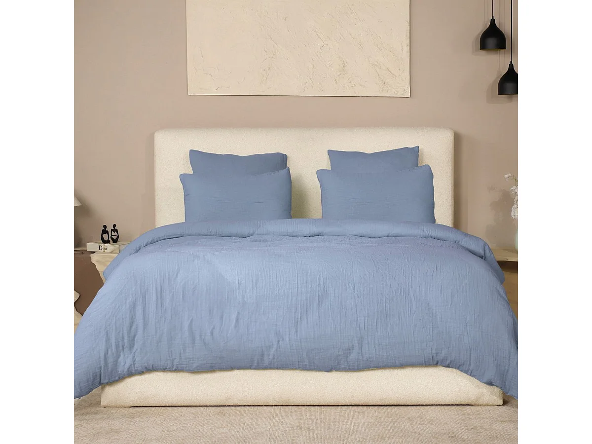 Parure housse de couette 260x240cm + 2 taies 100% gaze de coton lavée bleu givré - VALMA