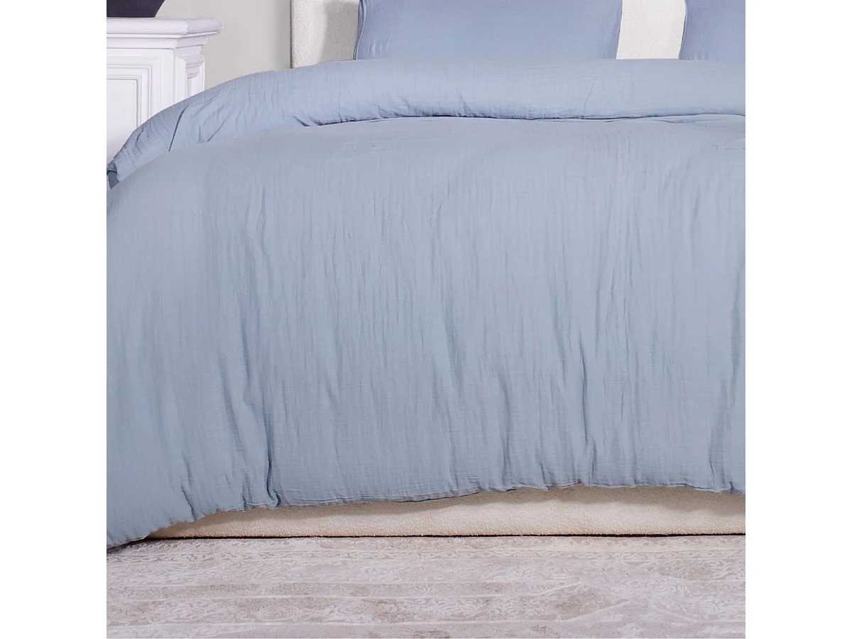 Parure housse de couette 260x240cm + 2 taies 100% gaze de coton lavée bleu givré - VALMA