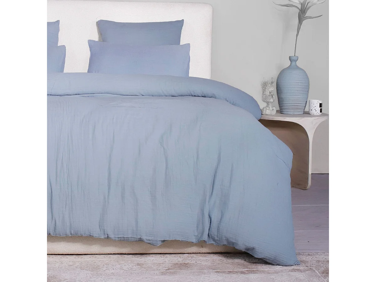Parure housse de couette 260x240cm + 2 taies 100% gaze de coton lavée bleu givré - VALMA